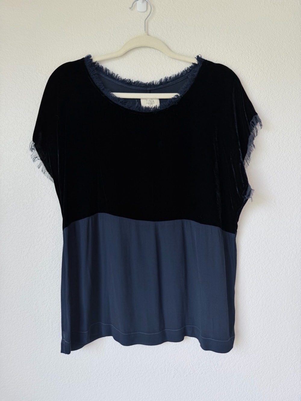 Tina Jo Blue Velvet & Rayon Silk Blend Fringe Trim Top XS